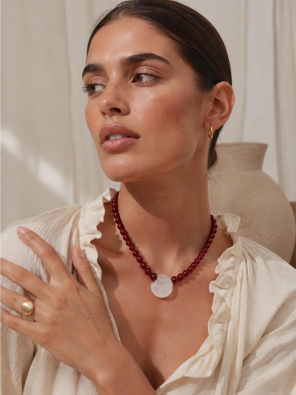 New mayamar Beaded Red Agate Necklace with mother of pearl shell Pendant -